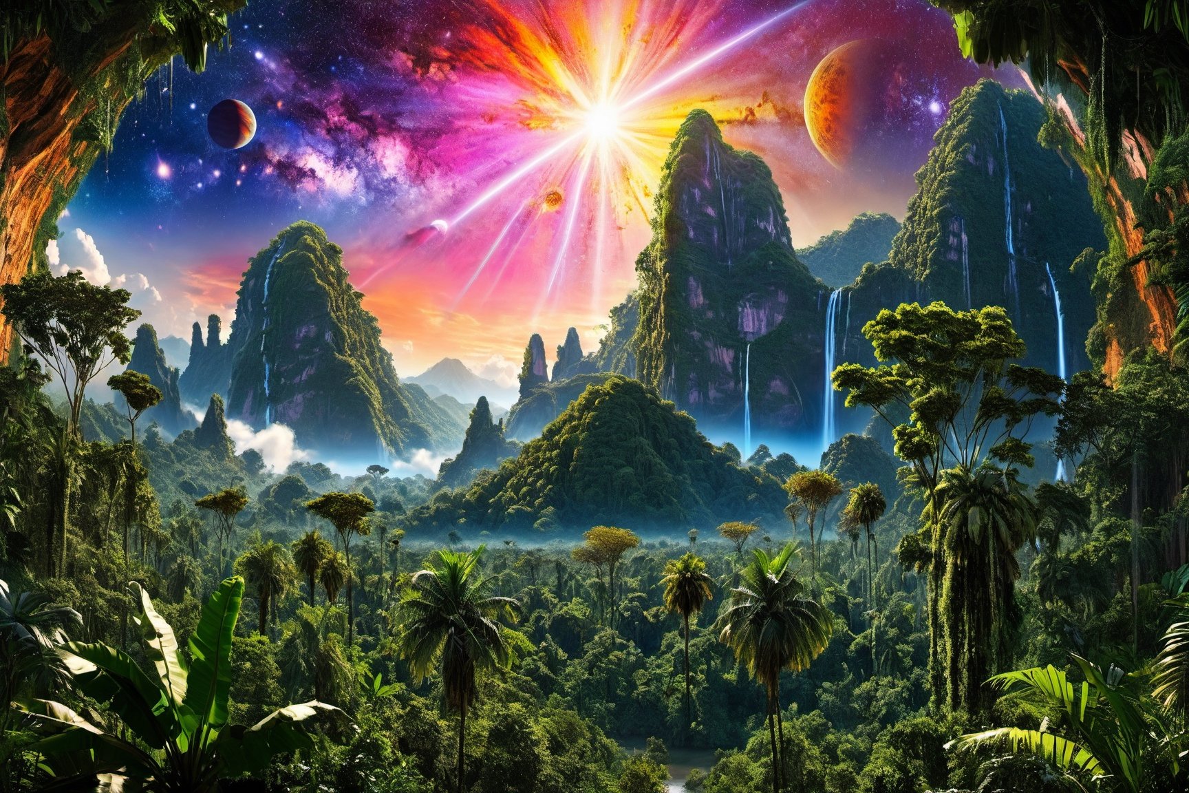 ((best quality)), ((masterpiece)), ((realistic)), (hyper detailed), exotic lush and colorful jungle on an alien planet, Dark Matter, Ethereal, Prismatic Coating, Pitted Surface,, Celestial Event,Meteor Shower,((masterpiece)), 16K, HDR,more detail XL