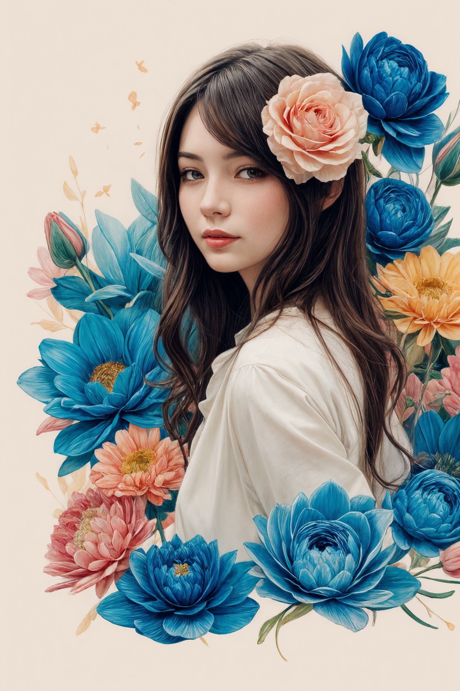 masterpiece, best quality, 1girl, flowers, flat color, lineart, abstract, ornate, blue theme