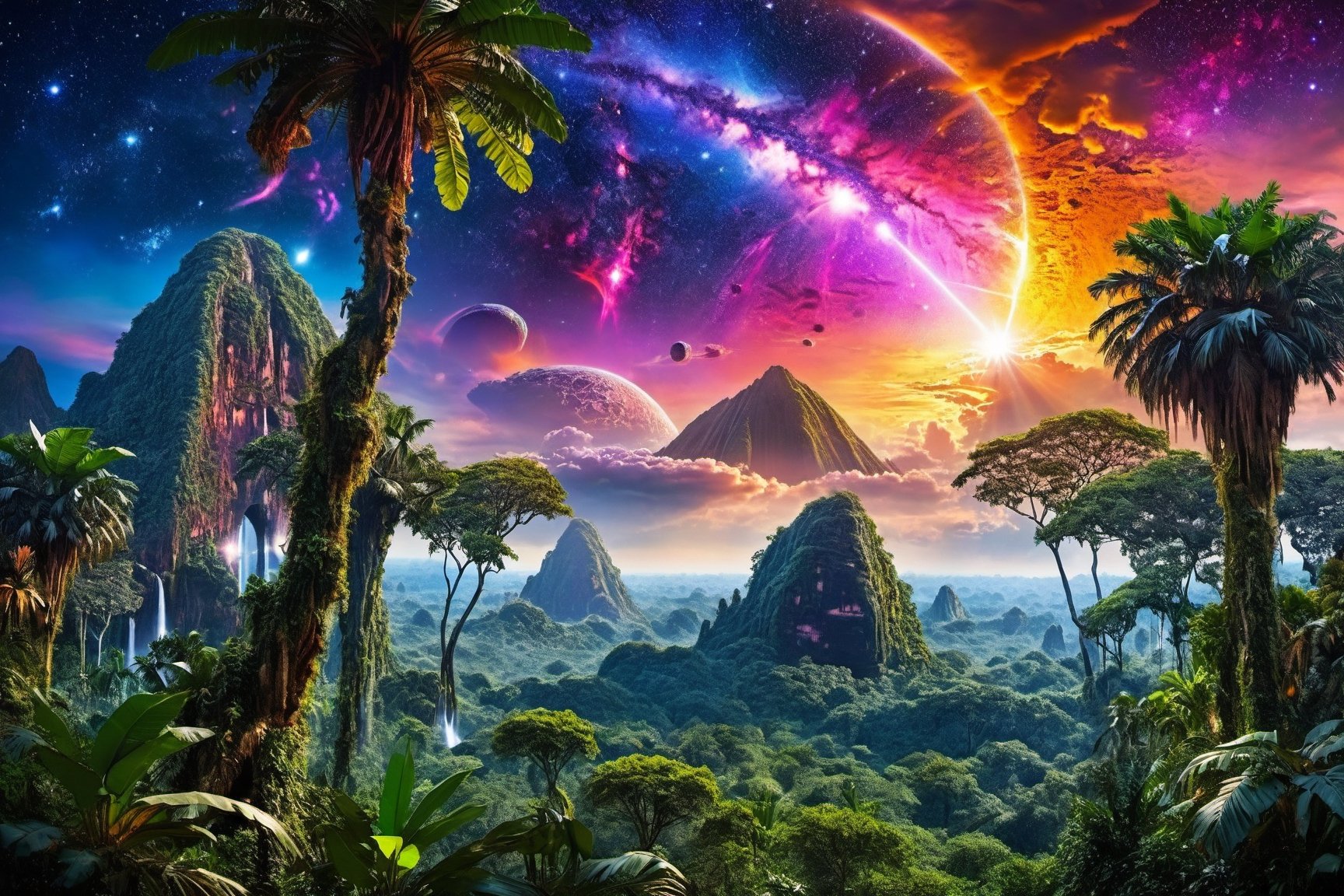 ((best quality)), ((masterpiece)), ((realistic)), (hyper detailed), exotic lush and colorful jungle on an alien planet, Dark Matter, Ethereal, Prismatic Coating, Pitted Surface,, Celestial Event,Meteor Shower,((masterpiece)), 16K, HDR,more detail XL