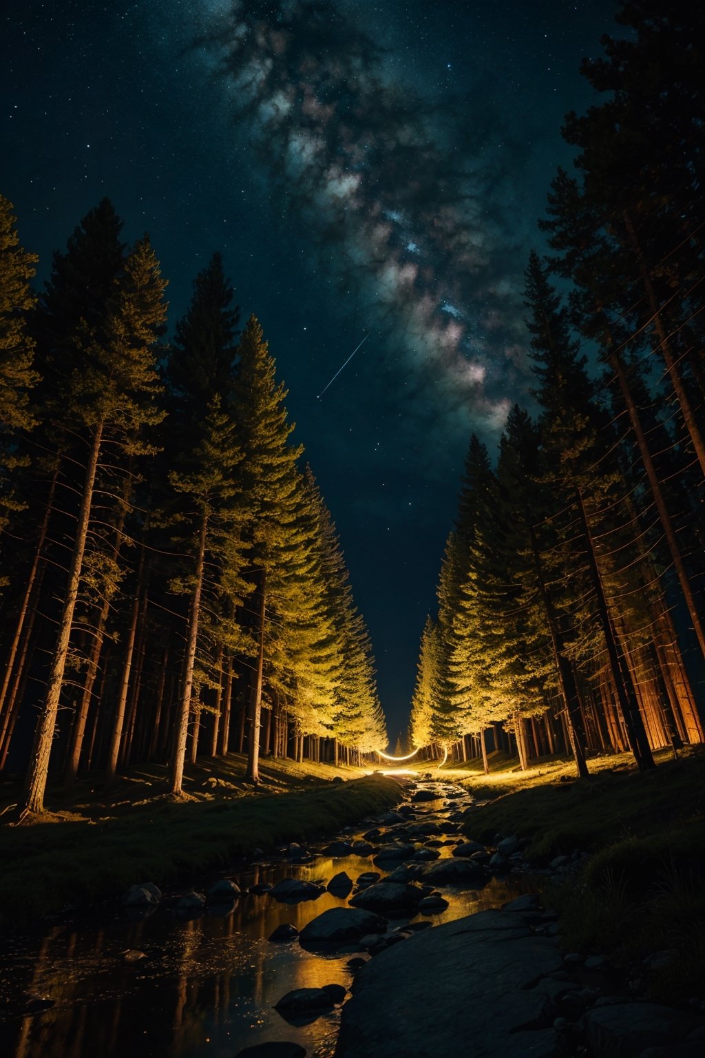 Night , intricate, technology suit, recognizing the land,  into the forest, light of the stars, wonderful night, view from the low, deep background, low light, cinematic light. dynamic light.