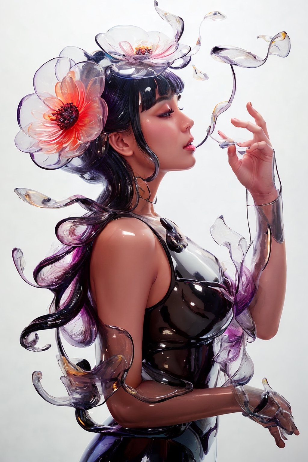 a close up of a side profile photograpy of an attractive korean beautiful model, wearing a head ornament like a mask ornated with flowers made of transparent glass, covering face, mouth cover made of transparent glass material, chic photography, dark studio, artistic model pose, magical, epic pose, large flower, size contrast, transparent flower, glass flower, (close up shot 1:1) lights shine on the face, dramatic shadows, epic shadows, cinematic lighting, dark photography, alluring pose, glass statue, attractive pose, view from below, looking upward, shot from below, perspective view, dynamic perspective, dynamic angle, dynamic pose, fashion editorial photography, master piece, hyper realistic, real skin, natural light, dreamy, surreal, enchanting, back lit photography, dramatic lighting, high contrast, studio photography, portrait photography, hourglass bodyshape, perky breast, sensual, large flowers, gigantic flowers, large petals, exotic flowers, monumental scale, museum quality, large glass statue, enormous glass flower,Thong Leotard,leoarmor