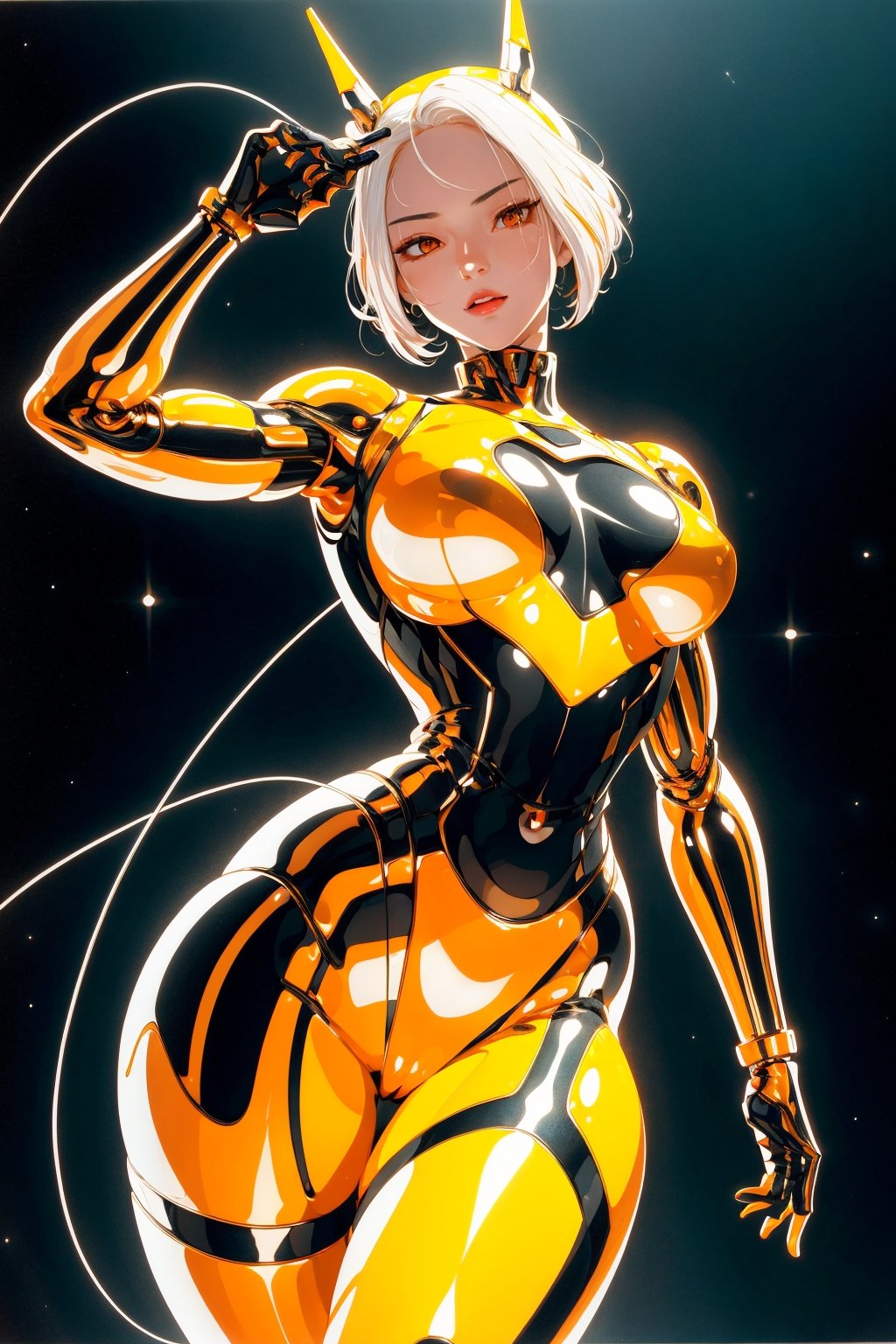 1girl,solo,cybirg style, cyborg, wire, cable, android, mechanical body part, hd, looking_at_viewer, orange