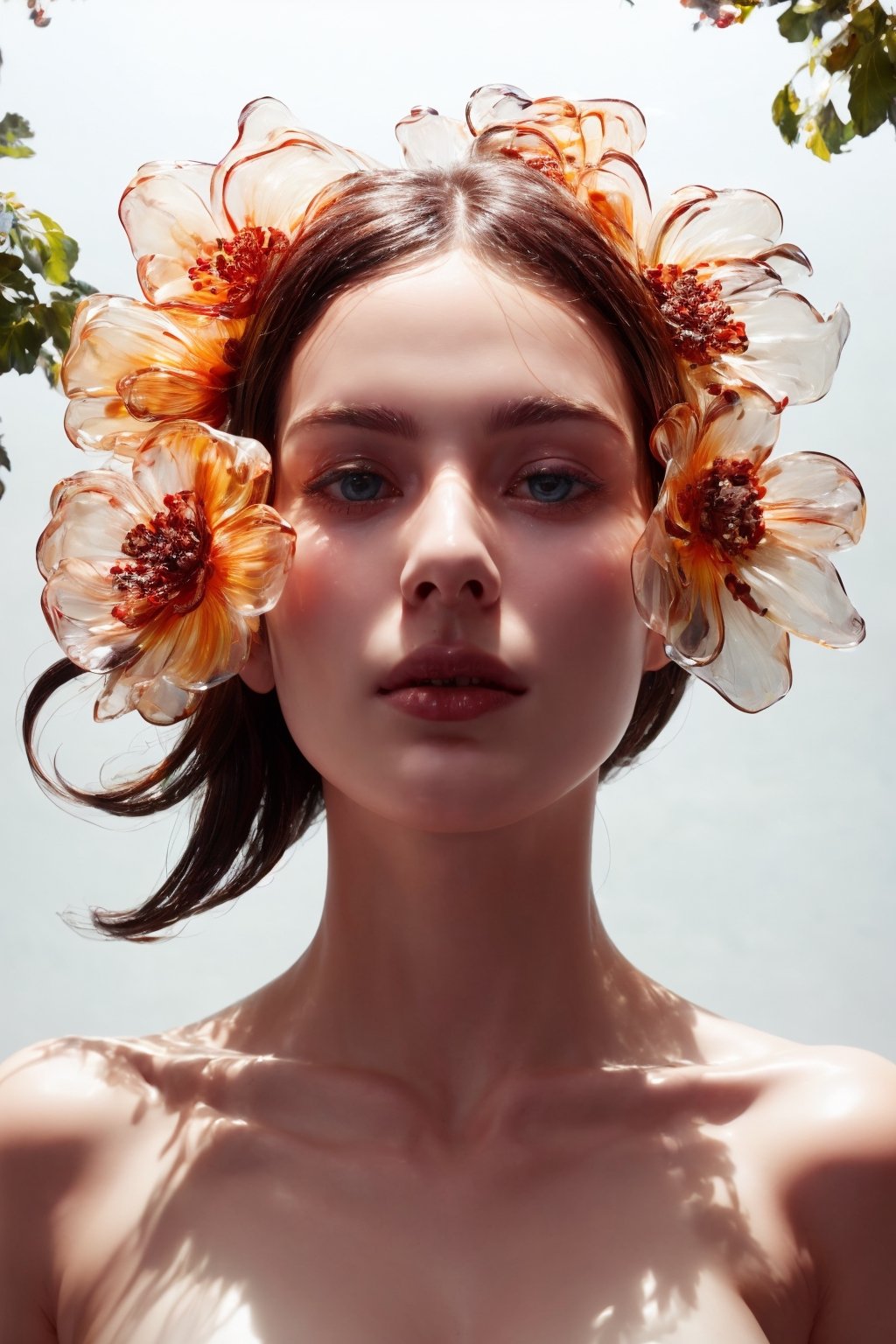 a close up of a side profile photograpy of an attractive beautiful model, wearing a head ornament like a mask ornated with flowers made of transparent glass, covering face, mouth cover made of transparent glass material, chic photography, dark studio, artistic model pose, magical, epic pose, large flower, size contrast, transparent flower, glass flower, (close up shot 1:1) lights shine on the face, dramatic shadows, epic shadows, cinematic lighting, dark photography, alluring pose, glass statue, attractive pose, view from below, looking upward, shot from below, perspective view, dynamic perspective, dynamic angle, dynamic pose, fashion editorial photography, master piece, hyper realistic, real skin, realistic skin texture, realistic skin, natural light, dreamy, surreal, enchanting, back lit photography, dramatic lighting, high contrast, studio photography, portrait photography, hourglass bodyshape, perky breast, sensual, large flowers, gigantic flowers, large petals, exotic flowers, monumental scale, large glass statue, enormous glass flower, leoarmor