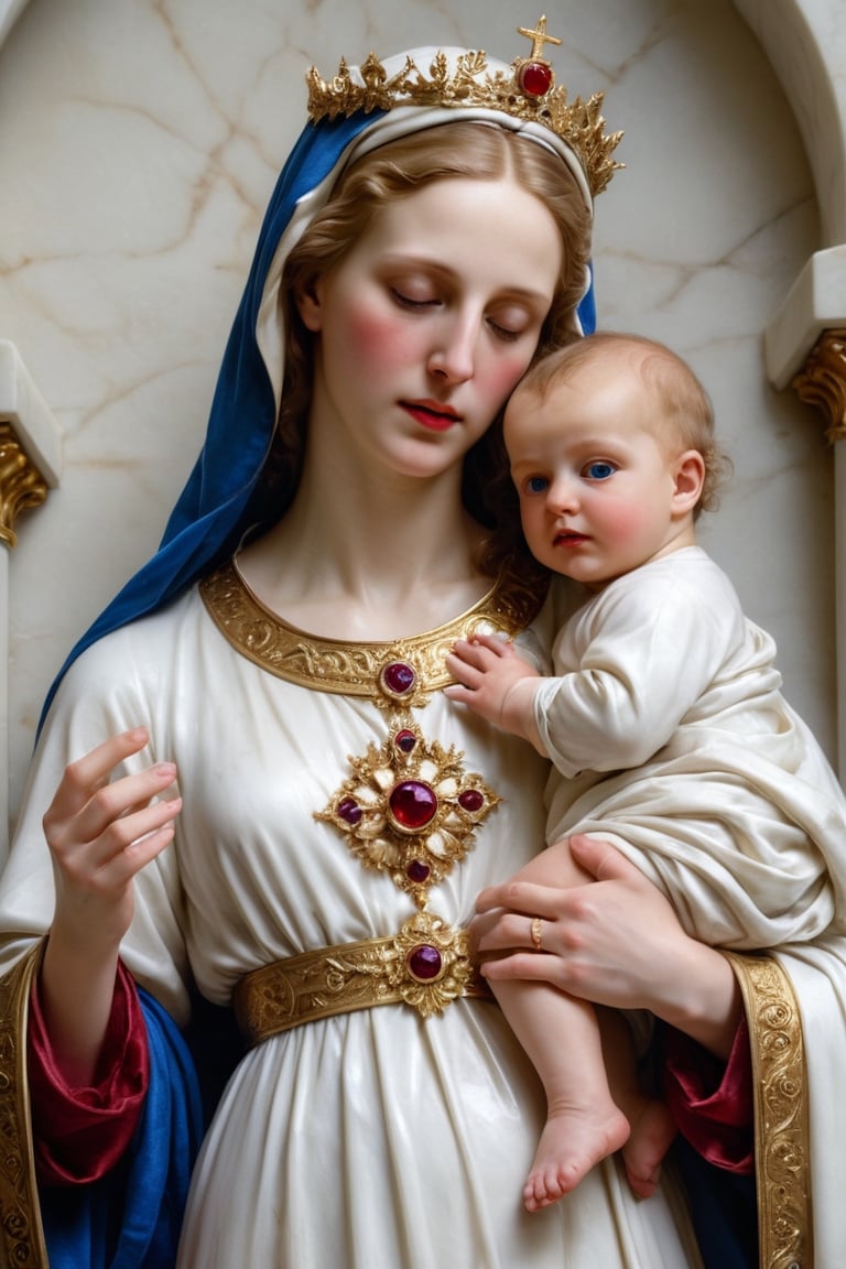 portrait of  virgin Marry and Baby Jesus,hi_resolution, highres realistic,  Masterpiece,8k, best quality,(ultra-detailed),(intricate details)photorealisti,, raw phot,gold, sapphire, ruby, white marble,photo r3al,art by sargent