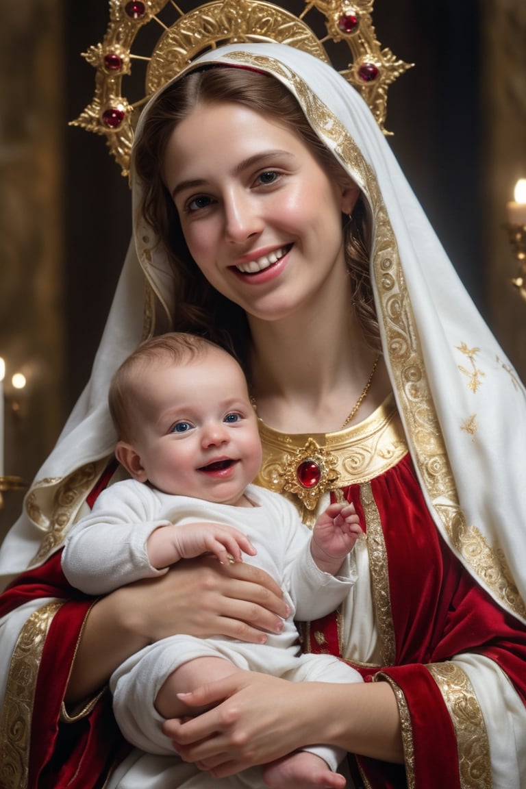 Photography of  virgin Marry and Baby Jesus,hi_resolution, highres realistic,  Masterpiece,8k, best quality,(ultra-detailed),(intricate details)photorealisti,, raw phot, beautiful smile, looking at the camera,gold,sapphire, ruby, white marble,photo r3al,art by sargent