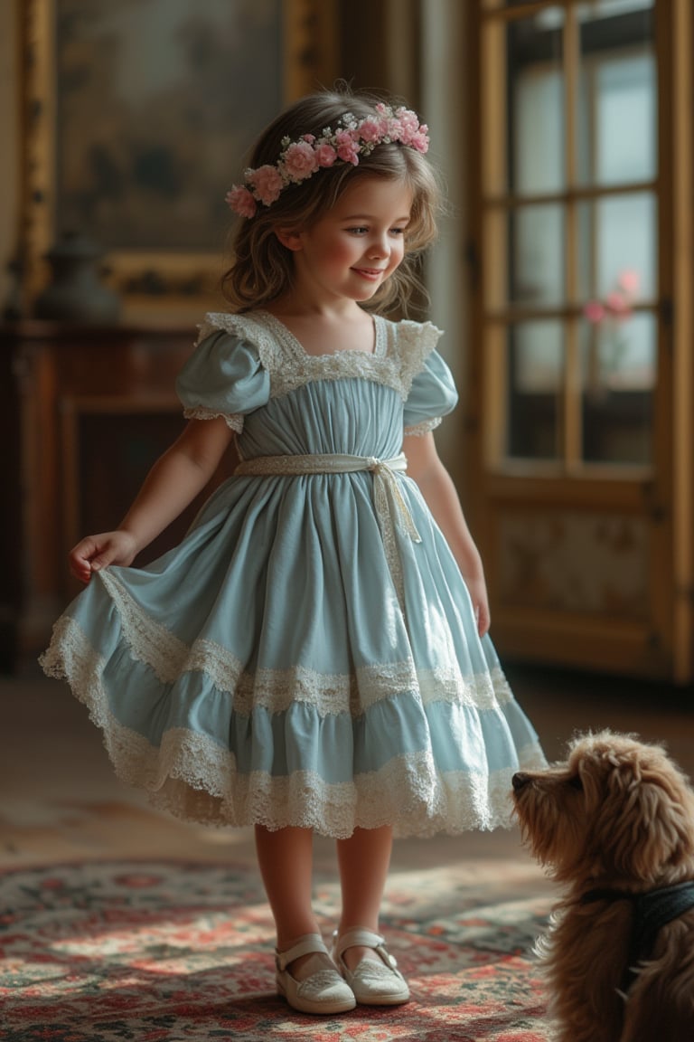 (((Iconic photography 18th-century age style but extremely beautiful)))
(((retro environment, melancholic tone, charming light, dramatic contrast between light and dark,dappled sunlight, elegant,the theme of hapiness,cinematic lighting, rich emotional)))
(((The image A little girl in a pastel blue dress adorned with a crown of pink flowers, stands gracefully in a cozy room surrounded by three dogs. She holds her dress in both hands revealing her white lace petticoats and smiles warmly as the dogs watch her attentively, the three dogs are of different breeds. The dress is of a light, shiny fabric with puffy lace sleeves, a round neck and a ribbon at the waist, white low-top shoes. The scene takes place in front of an ornate gold screen and the floor features a plush carpet and elegant surroundings, evoking a warm, vintage atmosphere. The lighting is soft, enhancing the delicate textures of the girl's dress and the dogs' fur. Victorian era 18th-century ---ar 5 --style raw --sref 3642091101 --sw 100 --stylize 1000,macro photography, Canon EOS R5, 100mm macro lens, ISO 100, f/8, natural lighting, shallow depth of field, extreme close-up, hyper-realistic textures, vibrant colors, soft shadows, detailed anatomy, intricate patterns, high contrast, 4k resolution)))
(((iconic black short hair bangs messy 18th-century age style)))
(((iconic little girl Lady Gorgeous and Voluptuous and yet so cute look but extremely beautiful)))
(((Chiaroscuro rainbow colors light background)))
(((masterpiece,minimalist,epic, hyperrealistic,photorealistic)))
(((style of Helen Allingham)))