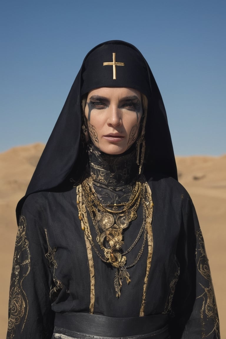 (((iconic Woman mature 40-year-old Norwegian futuristic-sci-fi but extremely beautiful)))
(((tribal futuristic post-apocalyptic Nun's Cap priestess)))
(((tattooed face letters tribal)))
(((dressed covered in worn tunic full of dust many details and symbols)))
(((yellow,gold_trim , silver dark)))
(((desert dark blurred background,light illuminating face)))
(((hasselblad 70mm camera films)))
(((Surrealist art,  Dreamlike,  mysterious,  provocative,  symbolic,  intricate,photorealistic, masterpiece futuristic-sci-fi)))
(((open spaces, love,epic, Desire,love)))
(((intricate details, masterpiece, best quality,photographed from  master, hyperrealistic,realistic lighting, ultra realistic,extreme detailed)))
(((dynamic pose,looking at viewer, profile view,full body shot, view angle))) 
((( byDiane Arbus)))
