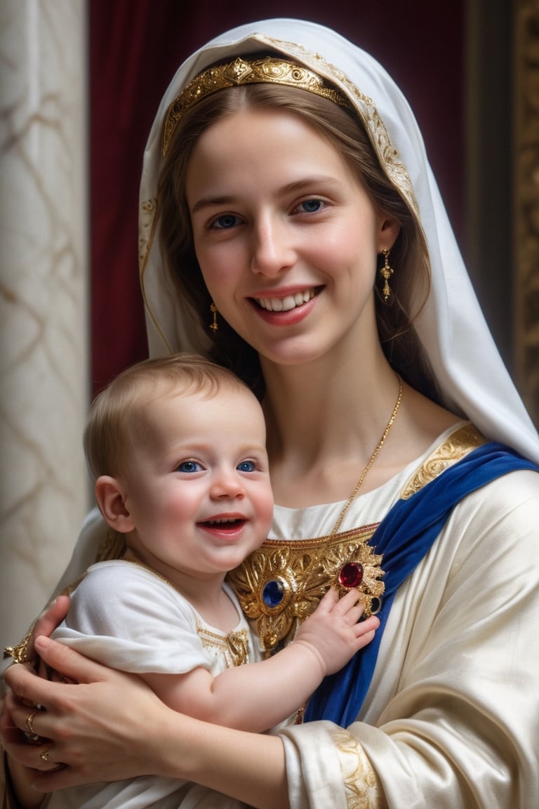 portrait of  virgin Marry and Baby Jesus,hi_resolution, highres realistic,  Masterpiece,8k, best quality,(ultra-detailed),(intricate details)photorealisti,, raw phot, beautiful smile, looking at the camera,gold,sapphire, ruby, white marble,photo r3al,art by sargent