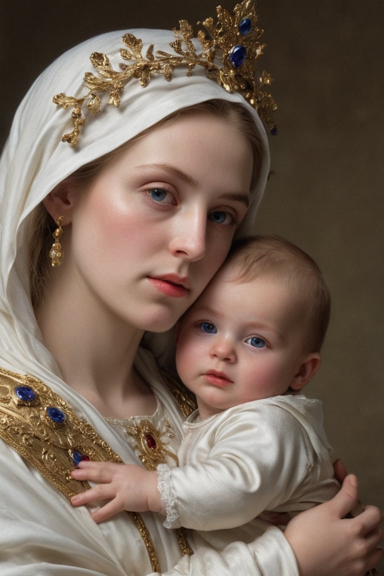 portrait of  virgin Marry and Baby Jesus,hi_resolution, highres realistic,  Masterpiece,8k, best quality,(ultra-detailed),(intricate details)photorealisti,, raw phot,gold, sapphire, ruby, white marble,photo r3al,art by sargent