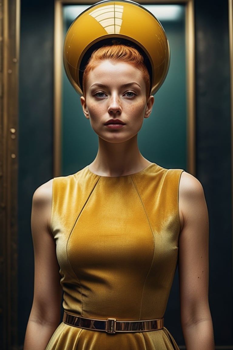 (((iconic futuristic-sci-fi but extremely beautiful)))
(((looking at viewer,worn and scratched dark copper crown pea_yellow  dress futuristic)))
(((Gorgeous and Voluptuous and yet  so cute)))
(((indirect abroad lights, blurred shadows on the wall)))
(((buzzcut hair, freckles)))
(((view angle,closse-up zoom)))
(((Simple blurred solid colors background)))
(((intricate details,masterpiece,best quality,hyperrealistic, photorealistic)))
(((By Annie Leibovitz style, by Rembrandt style)))