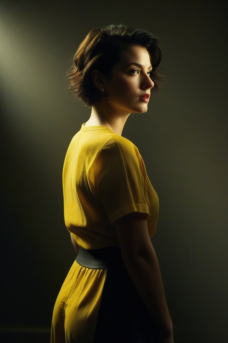 (((iconic beautiful girl yellow glamorous fashion, darkness but extremely beautiful)))
(((Monochrome light solid colors))) (((Chiaroscuro darkness colors background))) 
(((Black messy short hair)))
(((Beautiful Gorgeous and Voluptuous yet so cool)))
(((indirect lights blurred shadows)))
(((female action poses)))
(((Film_Grain,masterpiece,best quality,Movie Aesthetic,
hyperrealistic, photorealistic)))
(((By Rembrandt style,Photo by Annie Leibovitz style)))