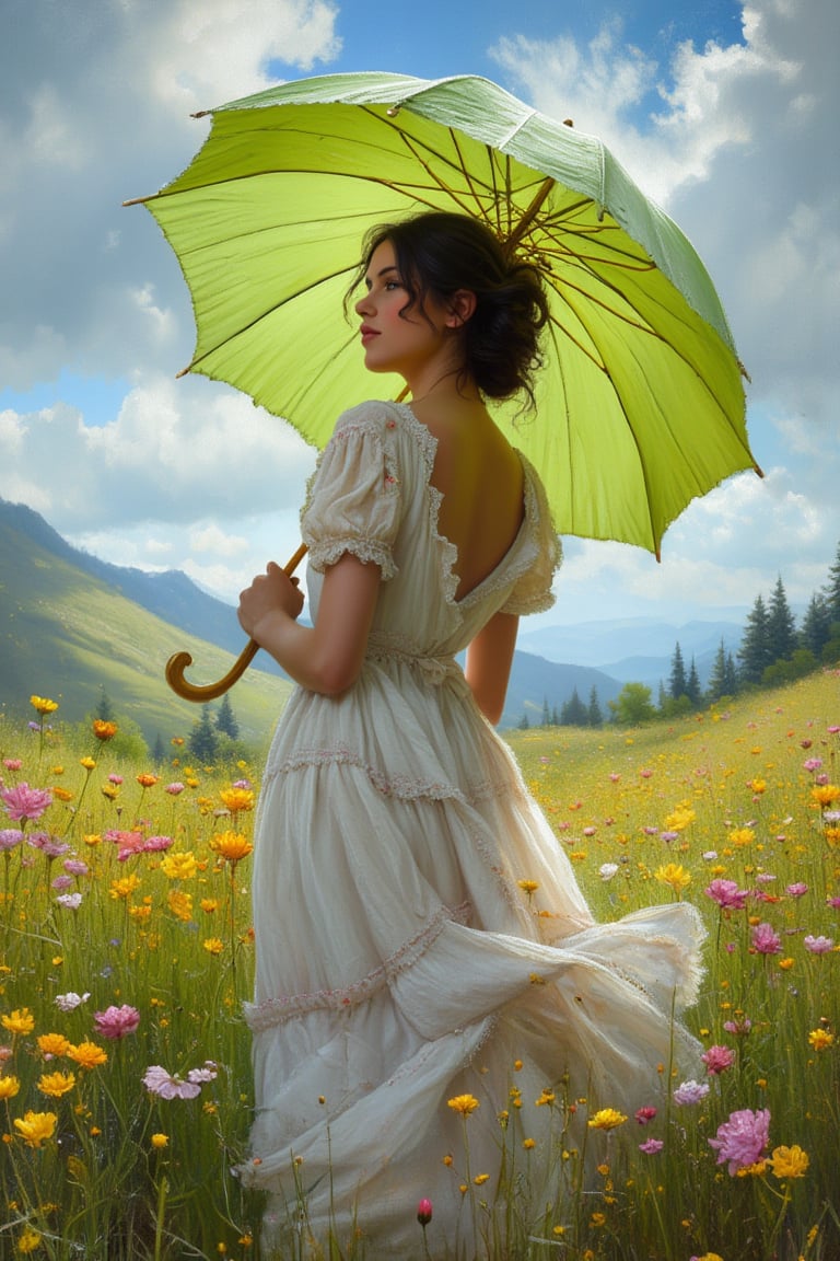 (((Iconic photography 18th-century age style but extremely beautiful)))
(((A photograph 3/4 shows a woman standing in a meadow under a vibrant, swirling sky. She is holding a large, bright green umbrella, shielding herself from the sunlight, with rays of light filtering through the clouds. The woman is wearing a loose, elegant white dress with soft pastel hues, and her figure is turned slightly away from the viewer, adding a sense of movement. Yellow and pink wildflowers bloom in the tall, lush grass around her, and the entire scene is alive with a sense of spontaneous, joyful energy, captured in rich brushstrokes of the 18th-century Victorian era. Victorian era 18th-century ---ar 5 --style raw --sref 3642091101 --sw 100 --stylize 1000,macro photography, Canon EOS R5, 100mm macro lens, ISO 100, f/8, natural lighting, shallow depth of field, extreme close-up, hyper-realistic textures, vibrant colors, soft shadows, detailed anatomy, intricate patterns, high contrast, 4k resolution)))
(((iconic black short hair 18th-century age style)))
(((iconic Woman Lady Gorgeous and Voluptuous and yet so cute look but extremely beautiful)))
(((Chiaroscuro natural hot light colors background)))
(((masterpiece,minimalist,epic, hyperrealistic,photorealistic)))
(((style of Helen Allingham)))