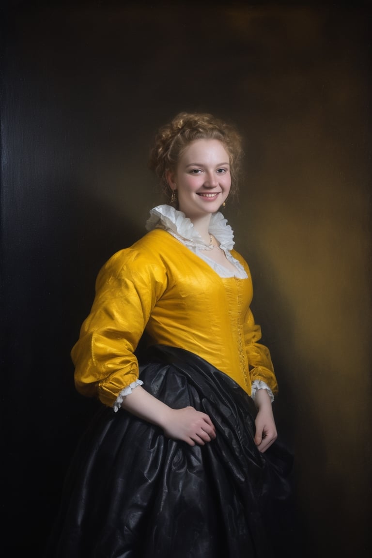 (((A like a 16th century style oil painting portrait , Oil painting of Rembrandt style)))
(((Rembrandt environment, dramatic contrast between light and dark)))(((gorgeous,flash character dc comics)))
(((beautiful smile)))
(((bottom up, wide angle, profile view)))
(((tight clothes,voluptuous,yellow,  big_thighs, narrow)))
(((hasselblad 70mm camera films)))