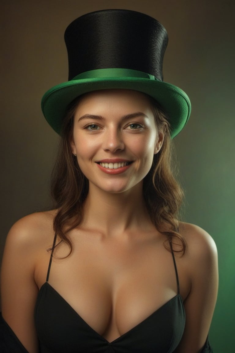 (((iconic lady with green The top hat but extremely beautiful)))
(((Gorgeous and Voluptuous and yet so cool)))
(((evil smile showing teeth and very penetrating eyes)))
(((indirect abroad lights blurred shadows on the face and body)))
(((Chiaroscuro light Prism colors background)))
(((masterpiece,best quality,
hyperrealistic, photorealistic)))
(((By caravaggio style,by Annie Leibovitz style)))