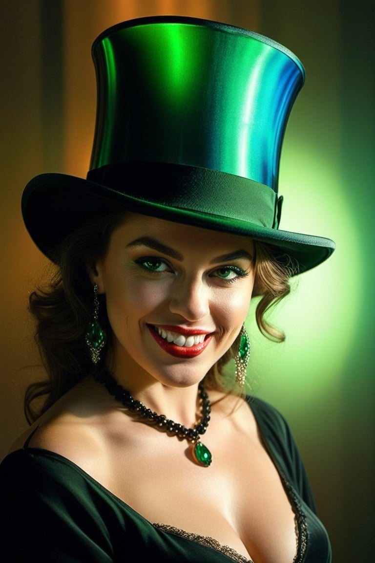 (((iconic lady with green The top hat but extremely beautiful)))
(((Gorgeous and Voluptuous and yet so cool)))
(((evil smile showing teeth and very penetrating eyes)))
(((indirect abroad lights blurred shadows on the face and body)))
(((Chiaroscuro light Prism colors background)))
(((masterpiece,best quality,
hyperrealistic, photorealistic)))
(((By caravaggio style,by Annie Leibovitz style)))