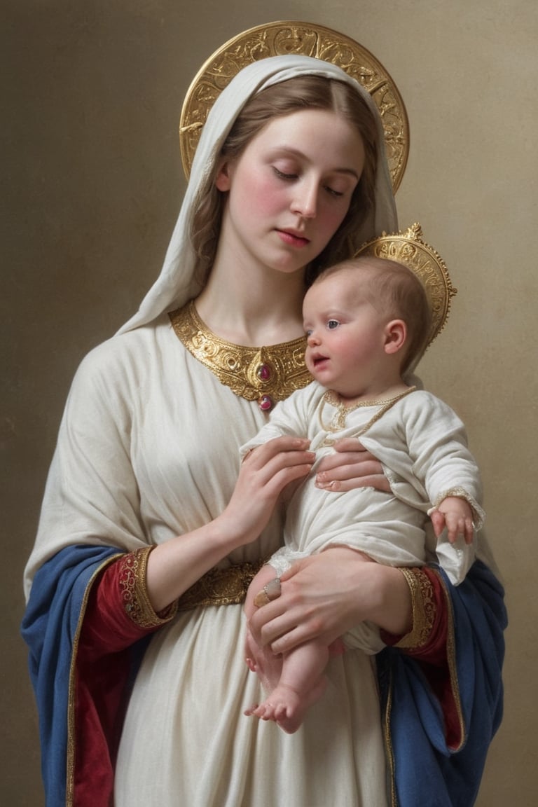 portrait of  virgin Marry and Baby Jesus,hi_resolution, highres realistic,  Masterpiece,8k, best quality,(ultra-detailed),(intricate details)photorealisti,, raw phot,gold, sapphire, ruby, white marble,photo r3al,art by sargent