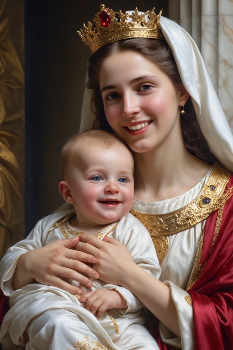 portrait of  virgin Marry and Baby Jesus,hi_resolution, highres realistic,  Masterpiece,8k, best quality,(ultra-detailed),(intricate details)photorealisti,, raw phot, beautiful smile, looking at the camera,gold,sapphire, ruby, white marble,photo r3al,art by sargent