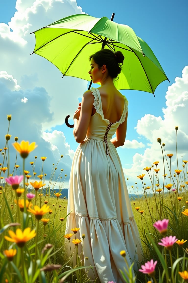 (((Iconic photography 18th-century age style but extremely beautiful)))
(((A photograph shows a woman standing in a meadow under a vibrant, swirling sky. She is holding a large, bright green umbrella, shielding herself from the sunlight, with rays of light filtering through the clouds. The woman is wearing a loose, elegant white dress with soft pastel hues, and her figure is turned slightly away from the viewer, adding a sense of movement. Yellow and pink wildflowers bloom in the tall, lush grass around her, and the entire scene is alive with a sense of spontaneous, joyful energy, captured in rich brushstrokes of the 18th-century Victorian era. Victorian era 18th-century ---ar 5 --style raw --sref 3642091101 --sw 100 --stylize 1000,macro photography, Canon EOS R5, 100mm macro lens, ISO 100, f/8, natural lighting, shallow depth of field, extreme close-up, hyper-realistic textures, vibrant colors, soft shadows, detailed anatomy, intricate patterns, high contrast, 4k resolution)))
(((iconic black short hair 18th-century age style)))
(((iconic Woman Lady Gorgeous and Voluptuous and yet so cute look but extremely beautiful)))
(((Chiaroscuro natural hot light colors background)))
(((masterpiece,minimalist,epic, hyperrealistic,photorealistic)))
(((style of Helen Allingham)))