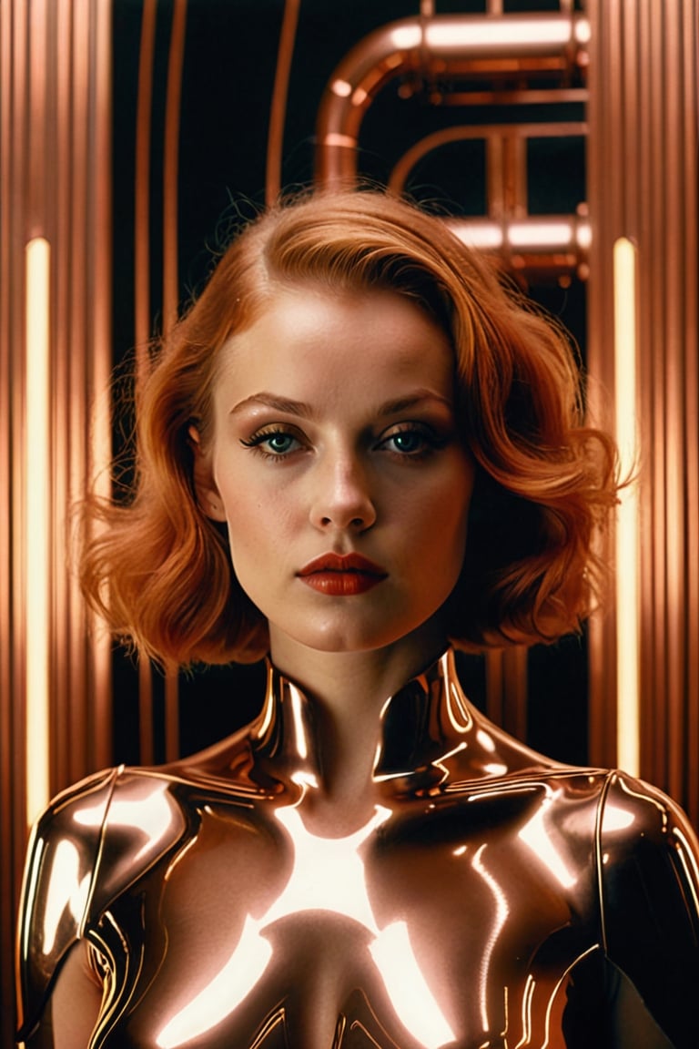 (((iconic futuristic-sci-fi girl but extremely beautiful)))
(((Monochrome copper solid colors)))
(((Chiaroscuro background)))
(((view macro zoom, close up )))
(((open spaces mystical background)))
(((intricate details,masterpiece,best quality,hyperrealistic,)))
(((gorgeous,voluptuous)))
(((by Michael Curtiz style, by Diane Arbus style)))