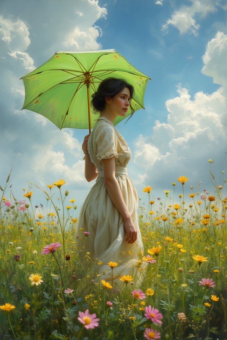 (((Iconic photography 18th-century age style but extremely beautiful)))
(((A photograph 3/4 shows a woman standing in a meadow under a vibrant, swirling sky. She is holding a large, bright green umbrella, shielding herself from the sunlight, with rays of light filtering through the clouds. The woman is wearing a loose, elegant white dress with soft pastel hues, and her figure is turned slightly away from the viewer, adding a sense of movement. Yellow and pink wildflowers bloom in the tall, lush grass around her, and the entire scene is alive with a sense of spontaneous, joyful energy, captured in rich brushstrokes of the 18th-century Victorian era. Victorian era 18th-century ---ar 5 --style raw --sref 3642091101 --sw 100 --stylize 1000,macro photography, Canon EOS R5, 100mm macro lens, ISO 100, f/8, natural lighting, shallow depth of field, extreme close-up, hyper-realistic textures, vibrant colors, soft shadows, detailed anatomy, intricate patterns, high contrast, 4k resolution)))
(((iconic black short hair 18th-century age style)))
(((iconic Woman Lady Gorgeous and Voluptuous and yet so cute look but extremely beautiful)))
(((Chiaroscuro natural hot light colors background)))
(((masterpiece,minimalist,epic, hyperrealistic,photorealistic)))
(((style of Helen Allingham)))