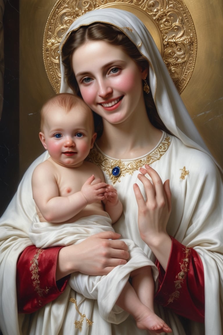 portrait of  virgin Marry and Baby Jesus,hi_resolution, highres realistic,  Masterpiece,8k, best quality,(ultra-detailed),(intricate details)photorealisti,, raw phot, beautiful smile, looking at the camera,gold,sapphire, ruby, white marble,photo r3al,art by sargent