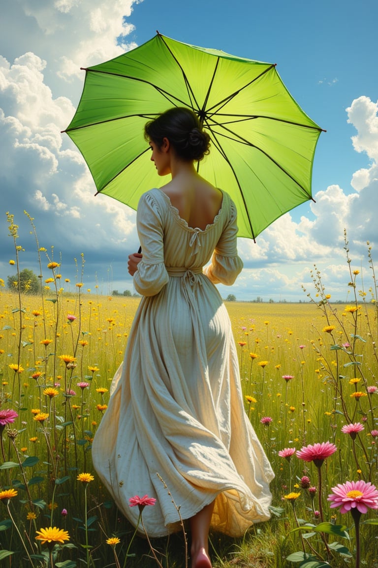 (((Iconic photography 18th-century age style but extremely beautiful)))
(((A photograph 3/4 shows a woman standing in a meadow under a vibrant, swirling sky. She is holding a large, bright green umbrella, shielding herself from the sunlight, with rays of light filtering through the clouds. The woman is wearing a loose, elegant white dress with soft pastel hues, and her figure is turned slightly away from the viewer, adding a sense of movement. Yellow and pink wildflowers bloom in the tall, lush grass around her, and the entire scene is alive with a sense of spontaneous, joyful energy, captured in rich brushstrokes of the 18th-century Victorian era. Victorian era 18th-century ---ar 5 --style raw --sref 3642091101 --sw 100 --stylize 1000,macro photography, Canon EOS R5, 100mm macro lens, ISO 100, f/8, natural lighting, shallow depth of field, extreme close-up, hyper-realistic textures, vibrant colors, soft shadows, detailed anatomy, intricate patterns, high contrast, 4k resolution)))
(((iconic black short hair 18th-century age style)))
(((iconic Woman Lady Gorgeous and Voluptuous and yet so cute look but extremely beautiful)))
(((Chiaroscuro natural hot light colors background)))
(((masterpiece,minimalist,epic, hyperrealistic,photorealistic)))
(((style of Helen Allingham)))