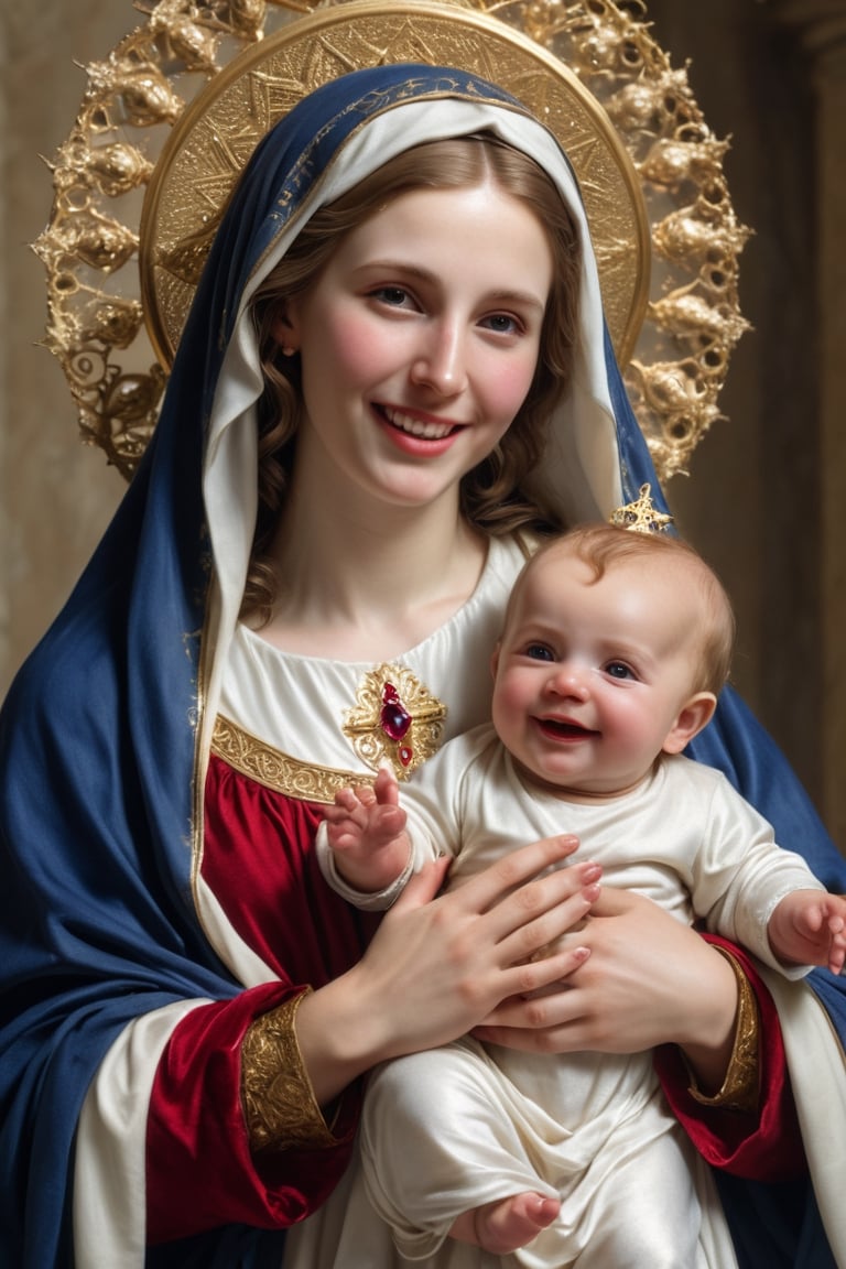 Photography of  virgin Marry and Baby Jesus,hi_resolution, highres realistic,  Masterpiece,8k, best quality,(ultra-detailed),(intricate details)photorealisti,, raw phot, beautiful smile, looking at the camera,gold,sapphire, ruby, white marble,photo r3al,art by sargent