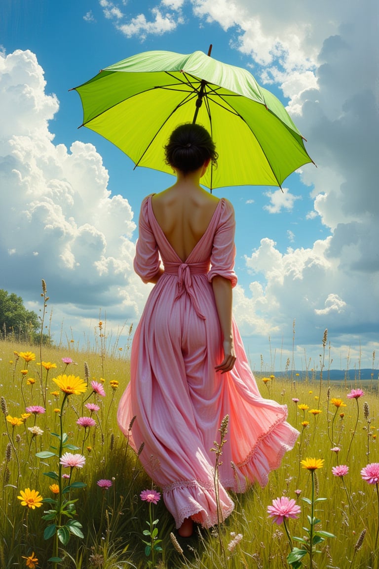 (((Iconic photography 18th-century age style but extremely beautiful)))
(((A photograph 3/4 shows a woman standing in a meadow under a vibrant, swirling sky. She is holding a large, bright green umbrella, shielding herself from the sunlight, with rays of light filtering through the clouds. The woman is wearing a loose, elegant pink dress with soft pastel hues, and her figure is turned slightly away from the viewer, adding a sense of movement. Yellow and pink wildflowers bloom in the tall, lush grass around her, and the entire scene is alive with a sense of spontaneous, joyful energy, captured in rich brushstrokes of the 18th-century Victorian era. Victorian era 18th-century ---ar 5 --style raw --sref 3642091101 --sw 100 --stylize 1000,macro photography, Canon EOS R5, 100mm macro lens, ISO 100, f/8, natural lighting, shallow depth of field, extreme close-up, hyper-realistic textures, vibrant colors, soft shadows, detailed anatomy, intricate patterns, high contrast, 4k resolution)))
(((iconic black short hair 18th-century age style)))
(((iconic Woman Lady Gorgeous and Voluptuous and yet so cute look but extremely beautiful)))
(((Chiaroscuro natural Cloudy light colors background)))
(((masterpiece,minimalist,epic, hyperrealistic,photorealistic)))
(((style of Helen Allingham)))