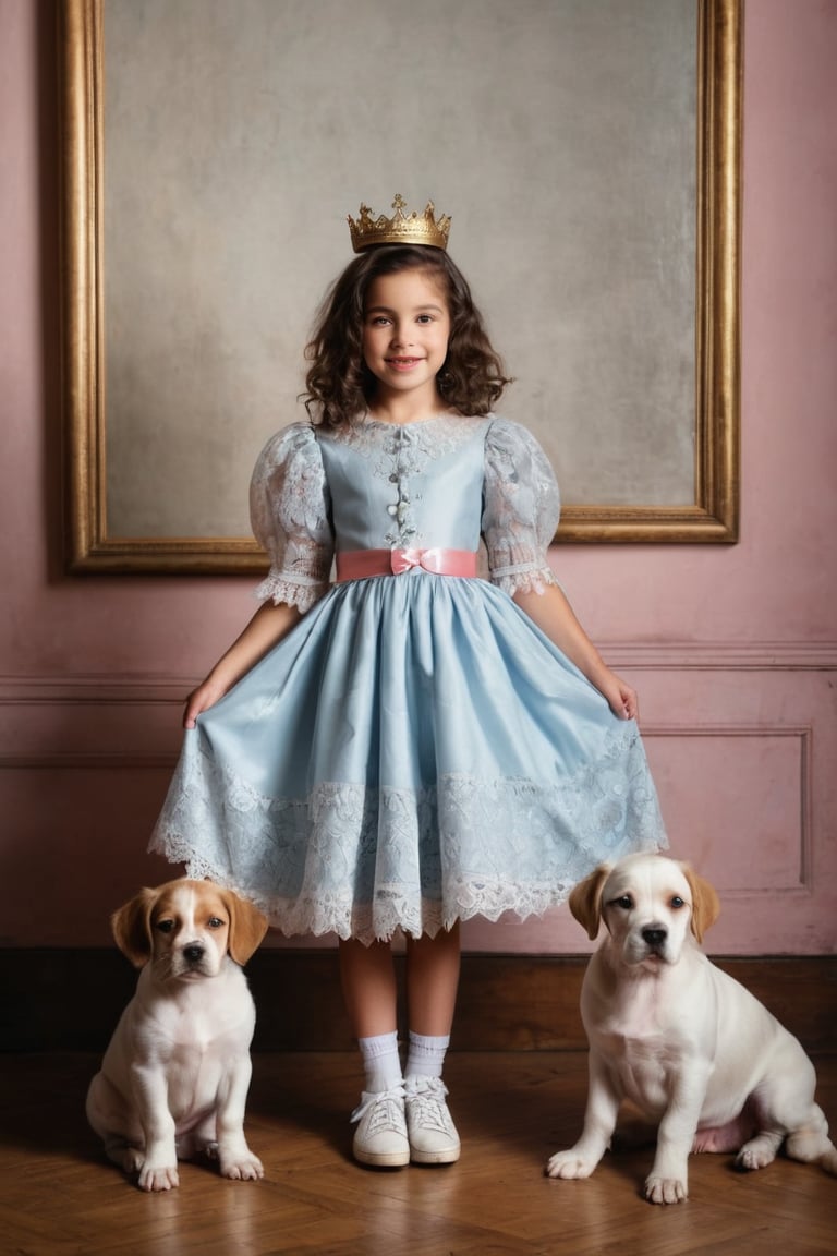 (((Iconic photography 18th-century age style but extremely beautiful)))
(((retro environment, melancholic tone, charming light, dramatic contrast between light and dark,dappled sunlight, elegant,the theme of hapiness,cinematic lighting, rich emotional)))
(((The image A little girl in a pastel blue dress adorned with a crown of pink flowers, stands gracefully in a cozy room surrounded by three dogs. She holds her dress in both hands revealing her white lace petticoats and smiles warmly as the dogs watch her attentively, the three dogs are of different breeds. The dress is of a light, shiny fabric with puffy lace sleeves, a round neck and a ribbon at the waist, white low-top sneakers. The scene takes place in front of an ornate gold screen and the floor features a plush carpet and elegant surroundings, evoking a warm, vintage atmosphere. The lighting is soft, enhancing the delicate textures of the girl's dress and the dogs' fur. Victorian era 18th-century ---ar 5 --style raw --sref 3642091101 --sw 100 --stylize 1000,macro photography, Canon EOS R5, 100mm macro lens, ISO 100, f/8, natural lighting, shallow depth of field, extreme close-up, hyper-realistic textures, vibrant colors, soft shadows, detailed anatomy, intricate patterns, high contrast, 4k resolution)))
(((iconic black short hair bangs messy 18th-century age style)))
(((iconic little girl Lady Gorgeous and Voluptuous and yet so cute look but extremely beautiful)))
(((Chiaroscuro rainbow colors light background)))
(((masterpiece,minimalist,epic, hyperrealistic,photorealistic)))
(((By Annie Leibovitz style,by caravaggio style)))