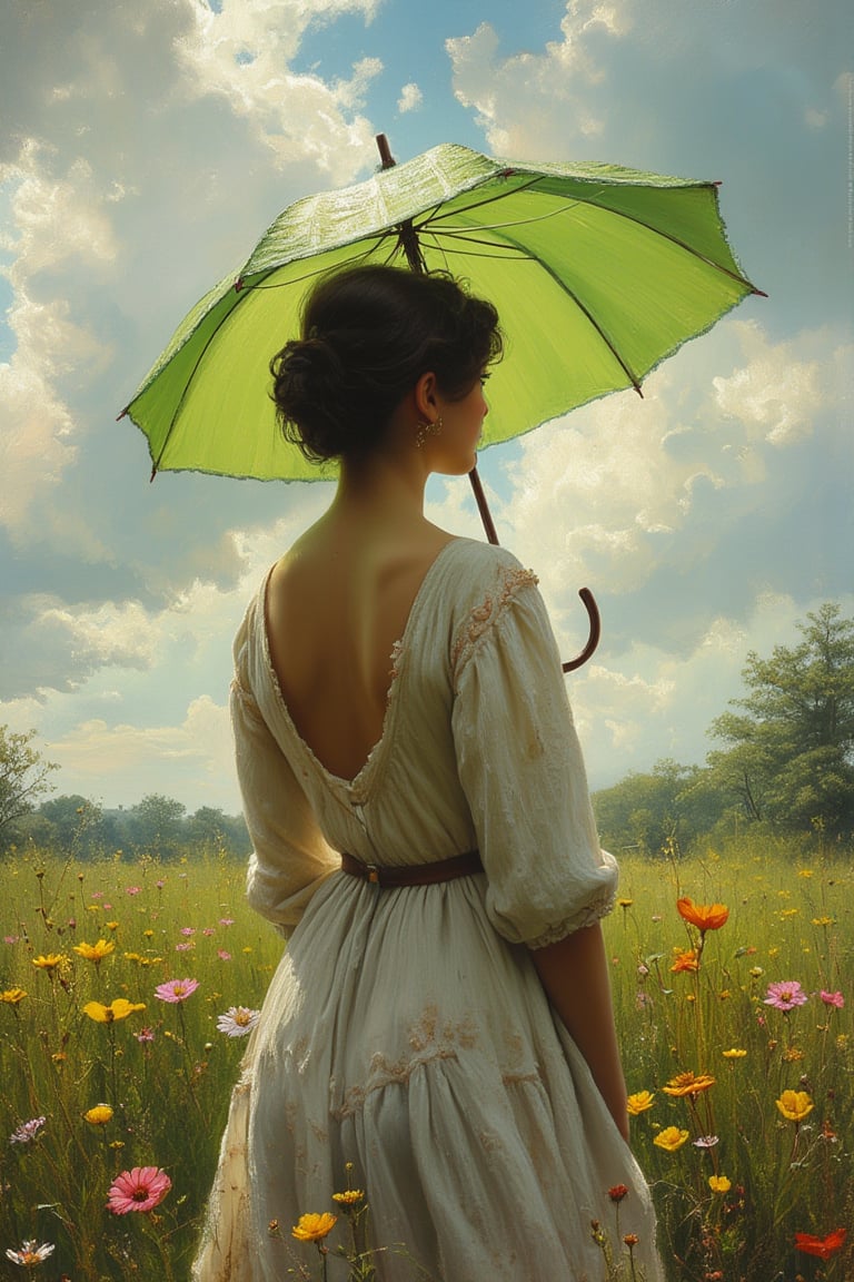 (((Iconic photography 18th-century age style but extremely beautiful)))
(((A photograph 3/4 shows a woman standing in a meadow under a vibrant, swirling sky. She is holding a large, bright green umbrella, shielding herself from the sunlight, with rays of light filtering through the clouds. The woman is wearing a loose, elegant white dress with soft pastel hues, and her figure is turned slightly away from the viewer, adding a sense of movement. Yellow and pink wildflowers bloom in the tall, lush grass around her, and the entire scene is alive with a sense of spontaneous, joyful energy, captured in rich brushstrokes of the 18th-century Victorian era. Victorian era 18th-century ---ar 5 --style raw --sref 3642091101 --sw 100 --stylize 1000,macro photography, Canon EOS R5, 100mm macro lens, ISO 100, f/8, natural lighting, shallow depth of field, extreme close-up, hyper-realistic textures, vibrant colors, soft shadows, detailed anatomy, intricate patterns, high contrast, 4k resolution)))
(((iconic black short hair 18th-century age style)))
(((iconic Woman Lady Gorgeous and Voluptuous and yet so cute look but extremely beautiful)))
(((Chiaroscuro natural hot light colors background)))
(((masterpiece,minimalist,epic, hyperrealistic,photorealistic)))
(((style of Helen Allingham)))