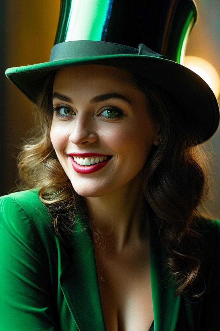 (((iconic lady with green The top hat but extremely beautiful)))
(((Gorgeous and Voluptuous and yet so cool)))
(((evil smile showing teeth and very penetrating eyes)))
(((indirect abroad lights blurred shadows on the face and body)))
(((Chiaroscuro light Prism colors background)))
(((masterpiece,best quality,
hyperrealistic, photorealistic)))
(((By caravaggio style,by Annie Leibovitz style)))