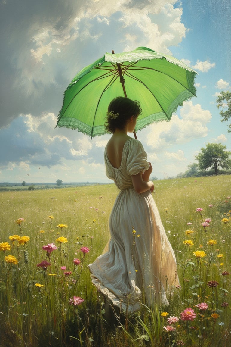 (((Iconic photography 18th-century age style but extremely beautiful)))
(((A photograph 3/4 shows a woman standing in a meadow under a vibrant, swirling sky. She is holding a large, bright green umbrella, shielding herself from the sunlight, with rays of light filtering through the clouds. The woman is wearing a loose, elegant white dress with soft pastel hues, and her figure is turned slightly away from the viewer, adding a sense of movement. Yellow and pink wildflowers bloom in the tall, lush grass around her, and the entire scene is alive with a sense of spontaneous, joyful energy, captured in rich brushstrokes of the 18th-century Victorian era. Victorian era 18th-century ---ar 5 --style raw --sref 3642091101 --sw 100 --stylize 1000,macro photography, Canon EOS R5, 100mm macro lens, ISO 100, f/8, natural lighting, shallow depth of field, extreme close-up, hyper-realistic textures, vibrant colors, soft shadows, detailed anatomy, intricate patterns, high contrast, 4k resolution)))
(((iconic black short hair 18th-century age style)))
(((iconic Woman Lady Gorgeous and Voluptuous and yet so cute look but extremely beautiful)))
(((Chiaroscuro natural hot light colors background)))
(((masterpiece,minimalist,epic, hyperrealistic,photorealistic)))
(((style of Helen Allingham)))