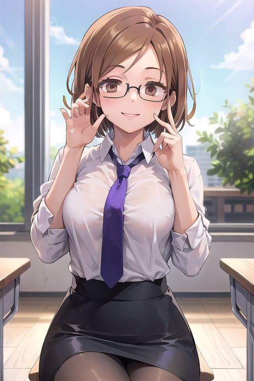 (masterpiece), 1girl, brown hair, short hair,brown eyes, medium breasts, office lady, white shirt, purple necktie, pencil skirt, between breasts, smiling sensually, semi-rimless eyewear, black-framed eyewear, adjusting eyewear, sitting, classroom, ,nobarajk