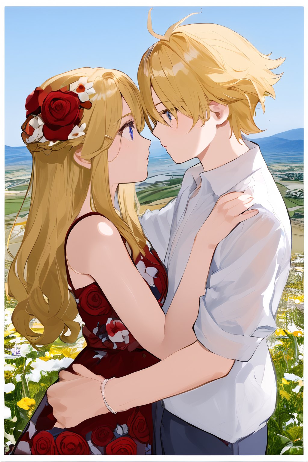 1 man, 1 woman, a couple in love, sexy girl, handsome guy, romantic moment, photo setting, landscape, Blonde-haired girl, blue eyes, flower dress, red-haired boy, baggy white shirt, staring at each other 