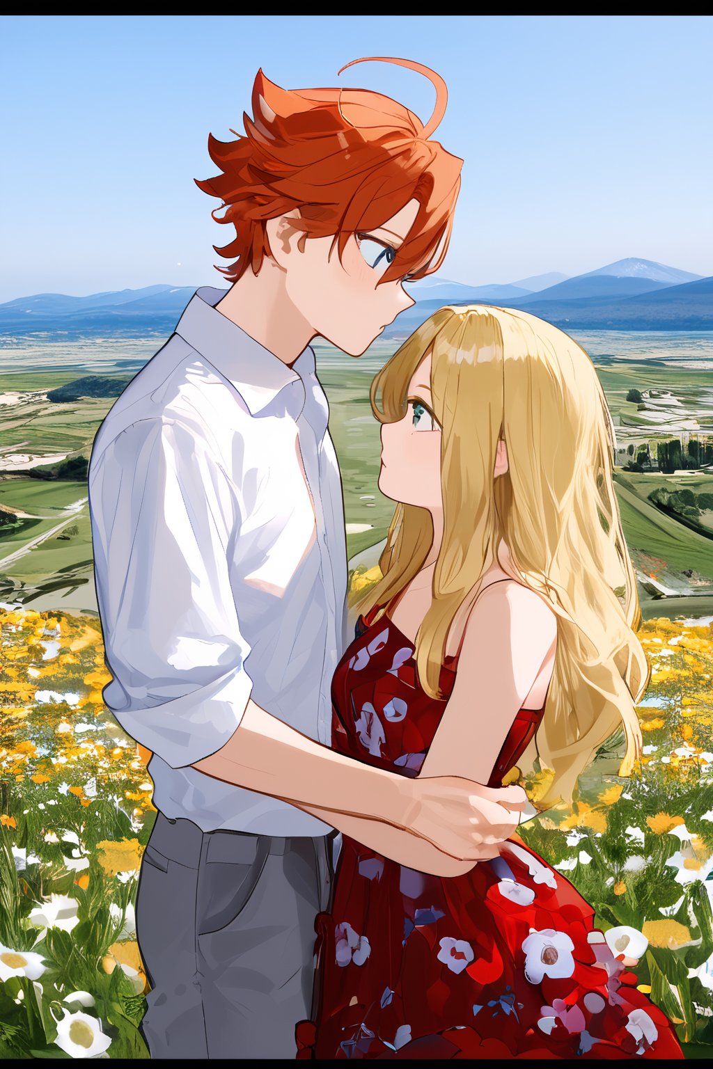 1 man, 1 woman, a couple in love, sexy girl, handsome guy, romantic moment, photo setting, landscape, Blonde-haired girl, blue eyes, flower dress, red-haired boy, baggy white shirt, staring at each other 