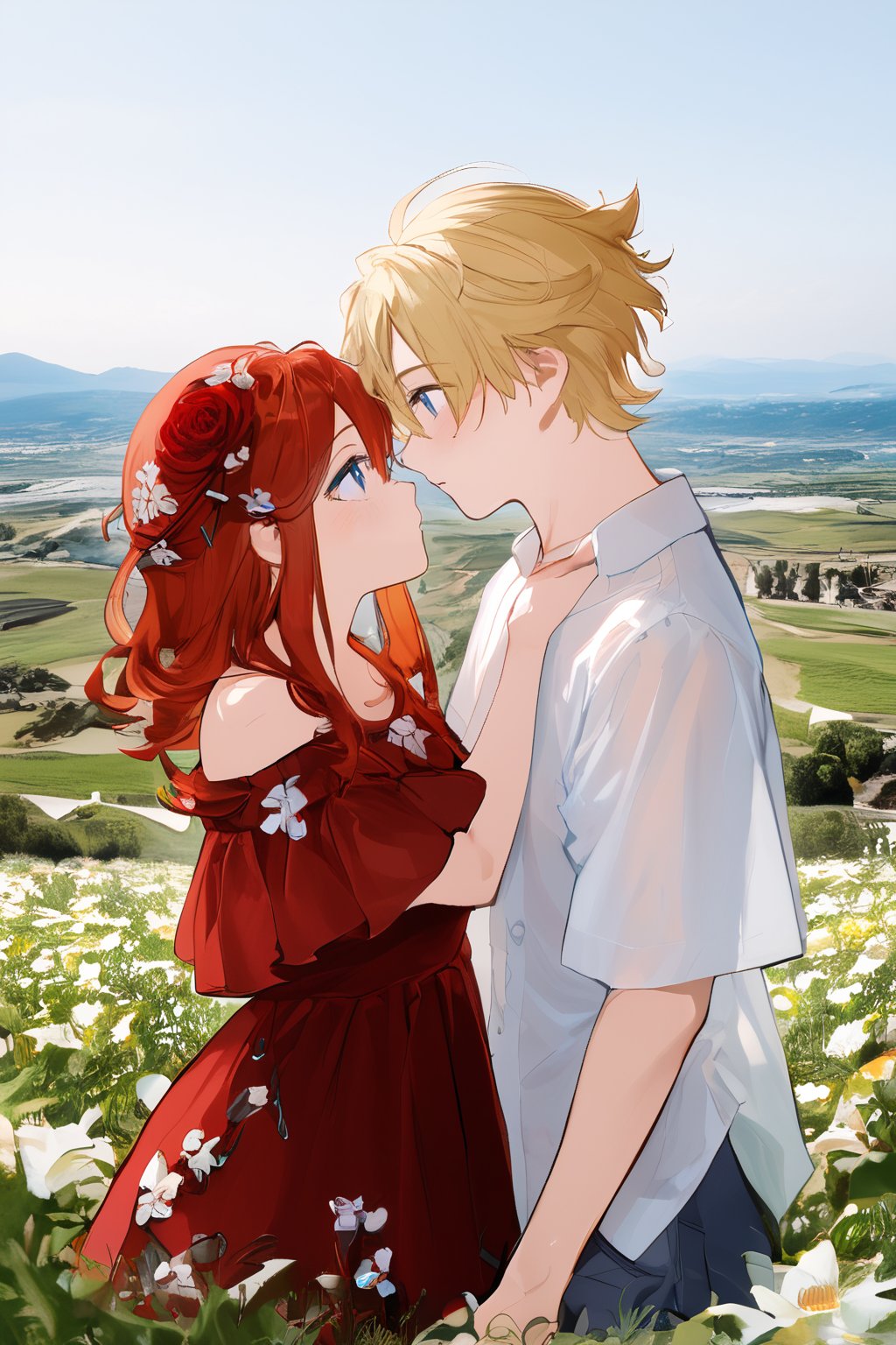 1 man, 1 woman, a couple in love, sexy girl, handsome guy, romantic moment, photo setting, landscape, lighting, Blonde-haired girl, blue eyes, flower dress, red-haired boy, baggy white shirt, staring at each other 