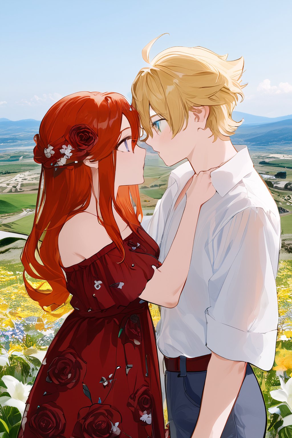 1 man, 1 woman, a couple in love, sexy girl, handsome guy, romantic moment, photo setting, landscape, lighting, Blonde-haired girl, blue eyes, flower dress, red-haired boy, baggy white shirt, staring at each other 