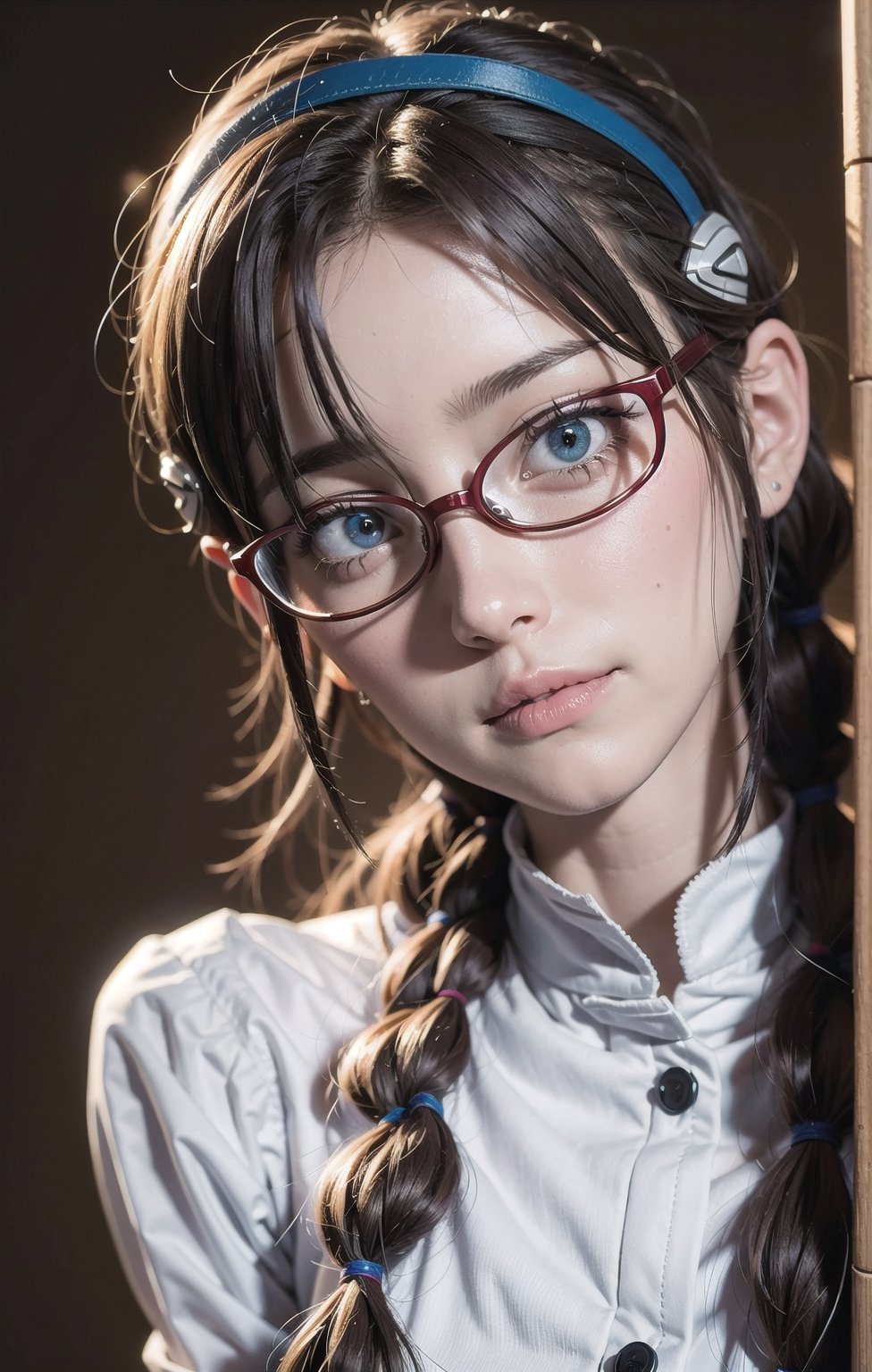 (masterpiece), best quality, high resolution, highly detailed, detailed background, perfect lighting, The student council girl with twin braids and glasses,makinami_mari_illustrious, portrait, school uniform:1, medium breasts