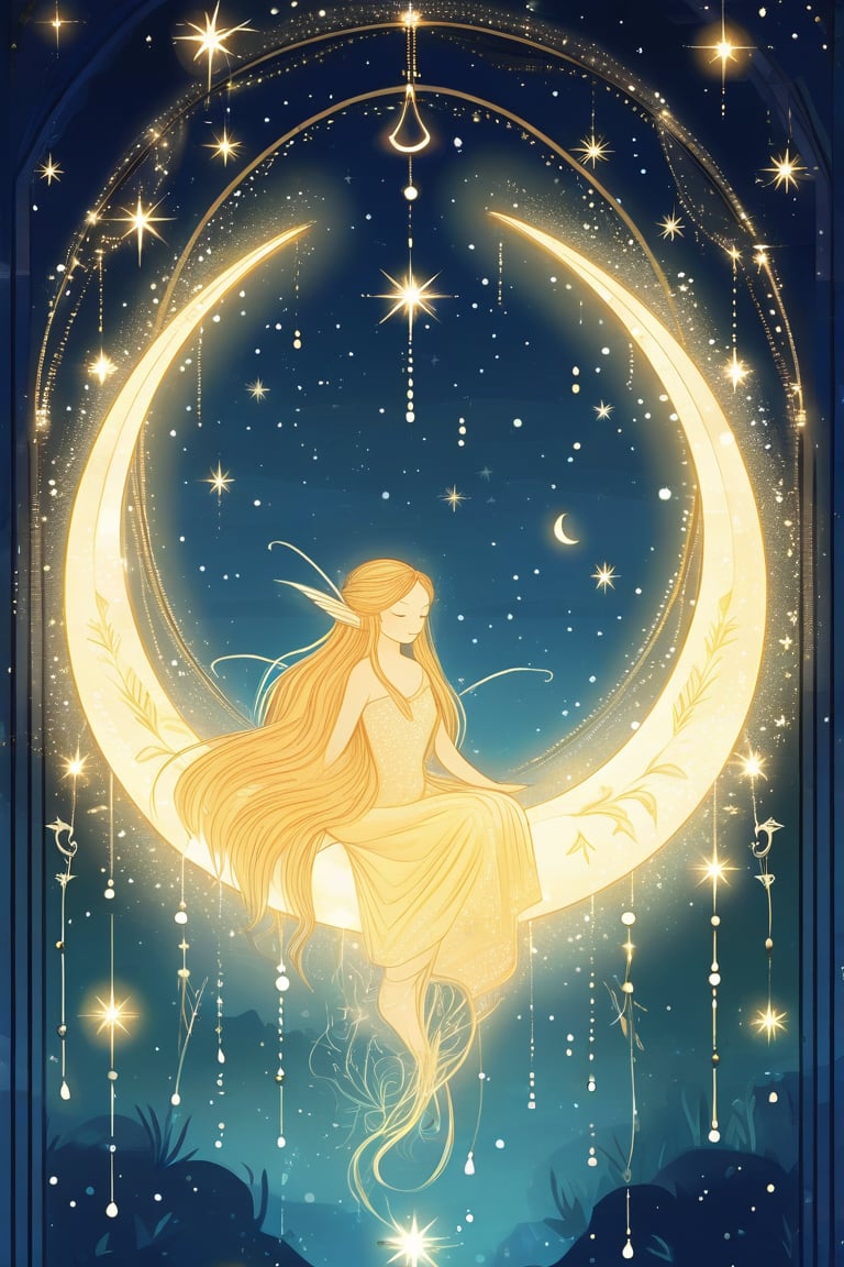 Moonlit Enchantment: A fairy's delicate form is framed by a crescent-shaped archway of twinkling stars, as a gossamer strand of luminescent runes envelops her slumbering figure. Softly glowing orbs of light dance across her skin, gradually illuminating her features as the ancient magic stirs her from repose.