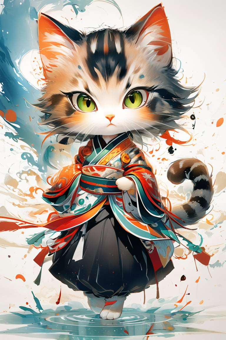 ink brushstrokes in background, looking at viewer, ink rain, stunning image, ink smoke, digital art, professional style, ((masterpiece quality: 2)), ink droplets, attractive image.,INK,Ink art a chibi girl, candies, fighting pose, silhouette of a Giant Cat,enamel color