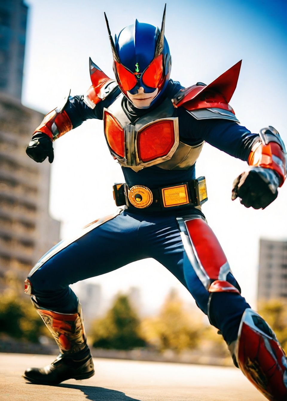 Kamen Rider, real photo, real stick, detailed, solo, gloves, one boy, full body, dynamic pose, fighting pose, outdoors, city, male focus, transformation belt, armor, bodysuit, mask, helmet, transformation pose, photo background, special effects, clear image