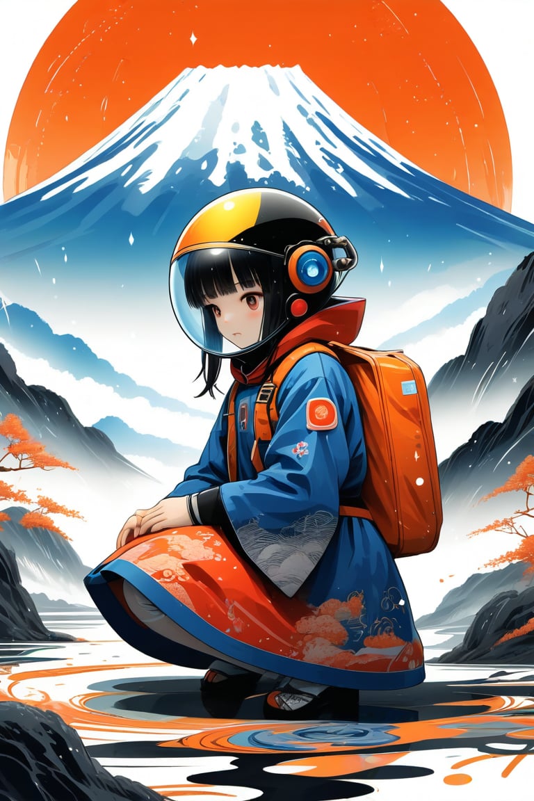 Japanese style, 80s retro vibe, aesthetic, space girl kneeling, submissive, ink brushstrokes in background, looking at viewer, ink rain, stunning image, bubble helmet, ink smoke, geometric mountain background, retro-style sun.