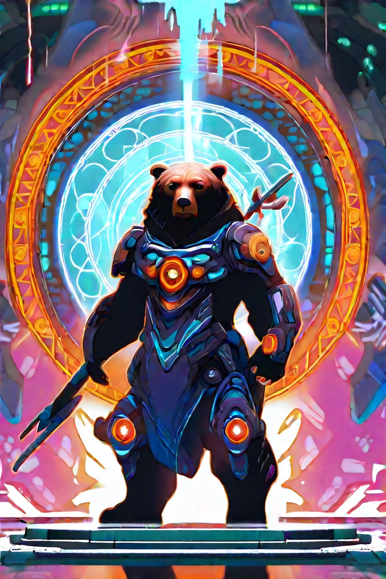 This image depicts a bear standing upright in a sci-fi warrior stance. The bear is clad in intricate, heavy futuristic armor with glowing orange accents, suggesting advanced technology or power. It holds a rifle in its right hand, with the weapon's design matching the armor's aesthetic. Behind the bear, there's a backdrop of vibrant neon-colored mystical runes and symbols, some resembling Celtic or Norse iconography, floating in a circular formation, which could be part of a portal or magic. The overall tone is bright with a color palette dominated by shades of blue, orange, and pink, giving off a sense of otherworldly energy. The ground beneath the bear appears to be reflecting these colors, with paint-like drips falling off the edge of an unseen platform,enamel color