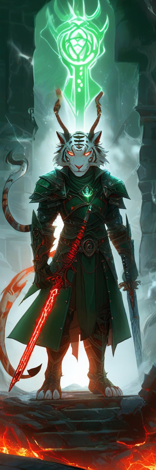 A semi-realistic anthro white tiger tiefling (Dungeons and Dragons), standing in a hellish fiery battlefield, magic red glowing rapier (sword) in hand, white fur, black horns, determined face, skinny, bestial, emerald green eyes, no hair, green outfit with leather armor, crumbling ruins, smoke, glowing runes, resolute smile, expressive, looking_at_camera, full body,enamel color