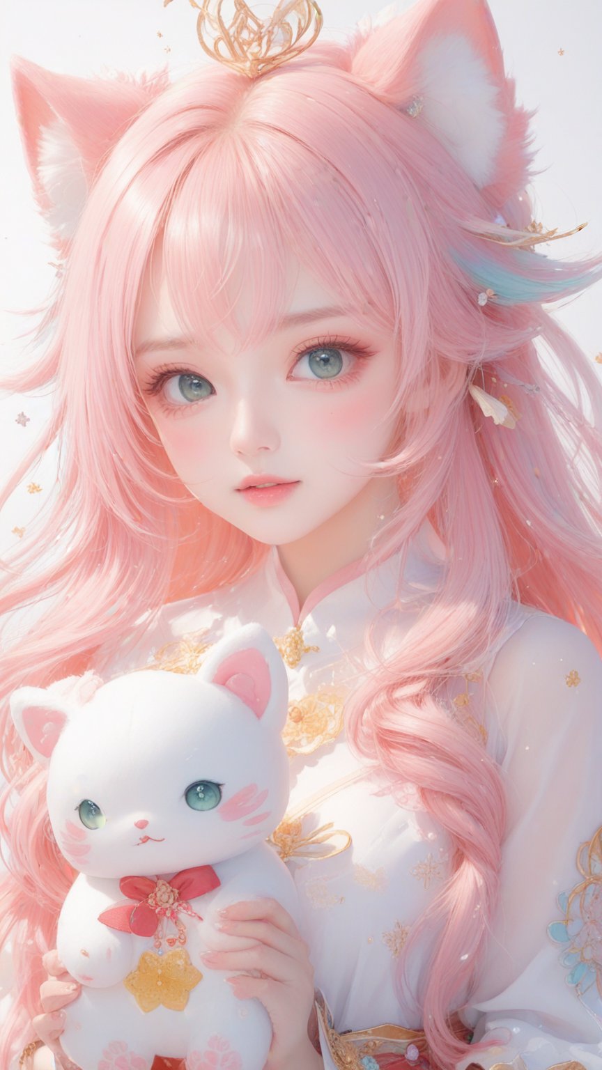 Adorable kawaii anime girl with pink hair, big sparkly eyes, holding a plush toy, pastel colors, soft lighting, by Sakimichan and Nekopara team, digital painting style,csgirl,enamel color