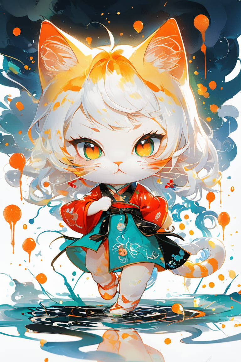 ink brushstrokes in background, looking at viewer, ink rain, stunning image, ink smoke, digital art, professional style, ((masterpiece quality: 2)), ink droplets, attractive image.,INK,Ink art a chibi girl, candies, fighting pose, silhouette of a Giant Cat,enamel color