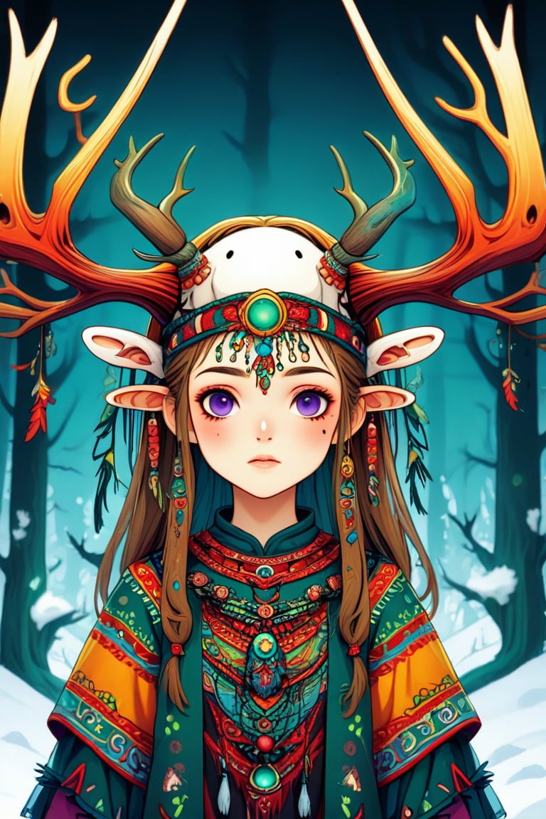 A shaman girl with a large moose skull on her head. The strange decoration of dead branches, the mysterious and brightly colored Celtic shaman costume, and the girl is surrounded by a mysterious aura.,extremely detailed