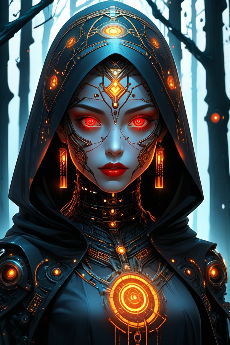 Cyberpunk priestess, pale face with intricate circuitry tattoos. Glowing red eyes, black lips. Ornate golden hood, dark robe. Mechanical neck and chest visible. Eerie forest background. Hyper-detailed, dramatic lighting, digital art style. Gothic and futuristic blend