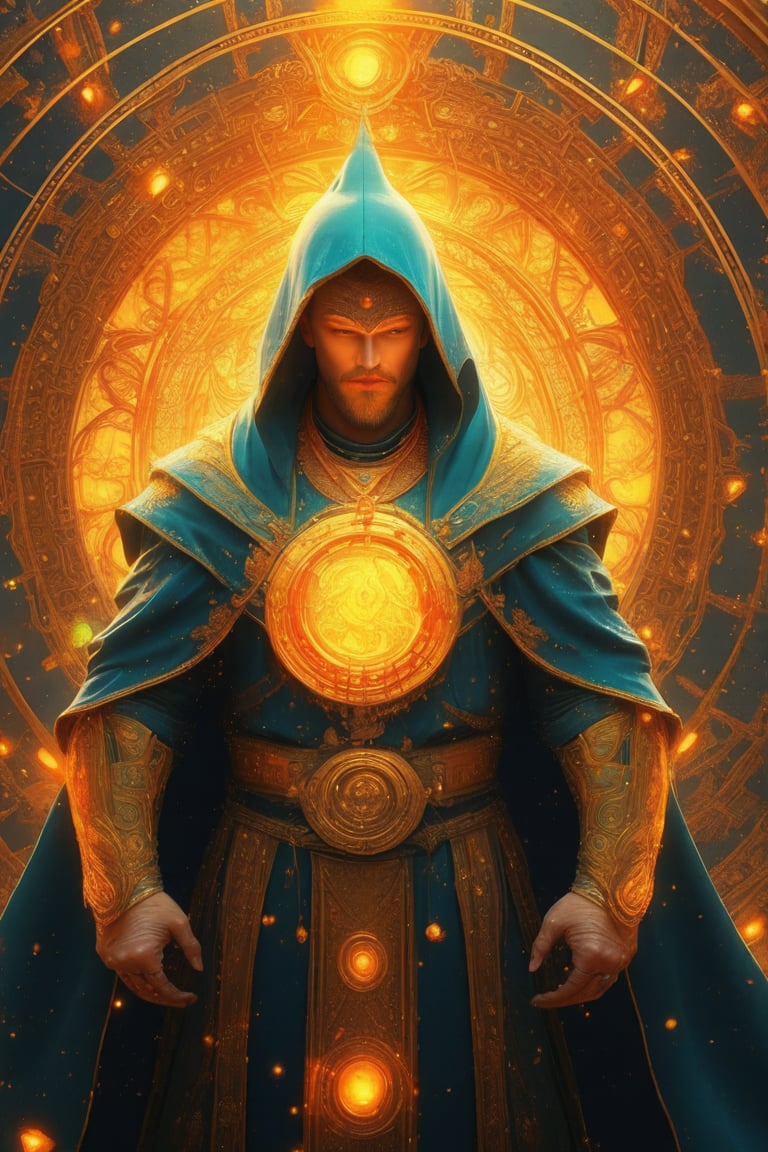 Extreme full body portrait of a heaven wizard the Lord of Light, complex construction, Abstract background with chaotic intersected relief circles pattern over old gold texture, 12K, HD, hyper detailed in burning hell, (piercing flame eyes)+, vibrant colors, masterpiece, 12K, UHD, upperbody portrait, depth of field, 12K, HD, ultra high definition,enamel color