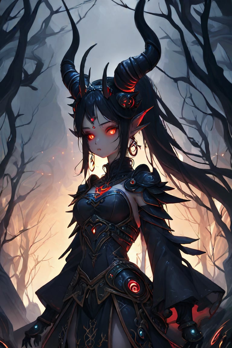 masterpiece, best quality, A dark, ominous landscape with twisted trees and eerie mist sets the stage for a striking depiction of a 'demon girl' - her piercing eyes and sharp features accentuated by perfect anatomy. She dons intricate armor, complete with demon horns protruding from her forehead, as she stands confidently with a blindfold over her eyes. The atmosphere is heavy with foreboding, illuminated only by flickering dark lights that dance across the scene, casting an otherworldly glow on Zyrnox-Exoterra Style, 1girl, masterpiece. Black Hair,enamel color